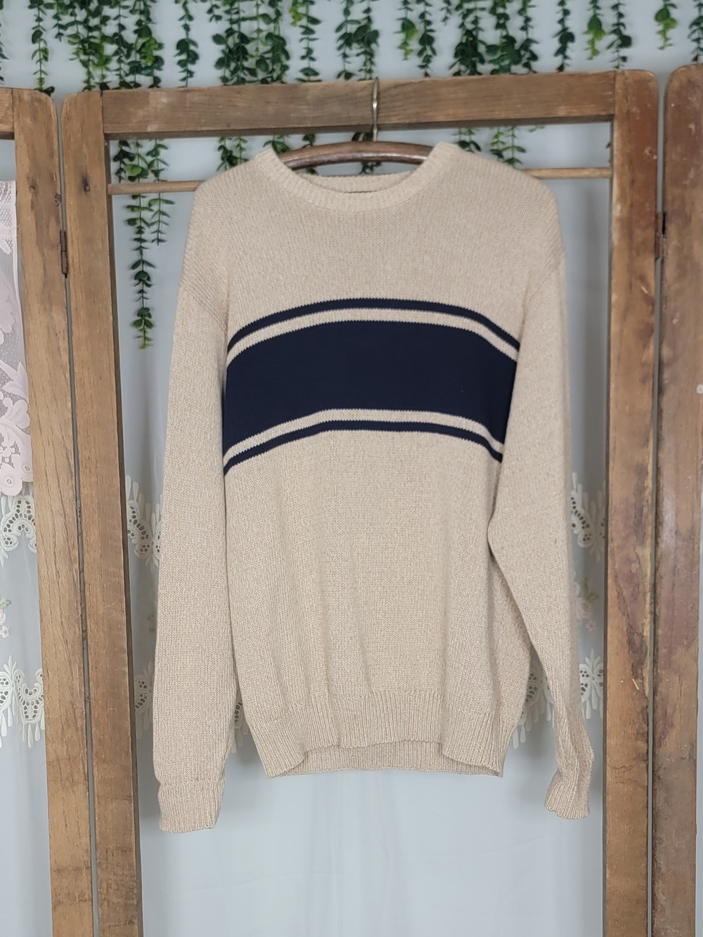 Cozy Cream Coastal Fisherman Stripe Sweater | Nautical Cream Navy Knit Pullover - Picture 4 of 7